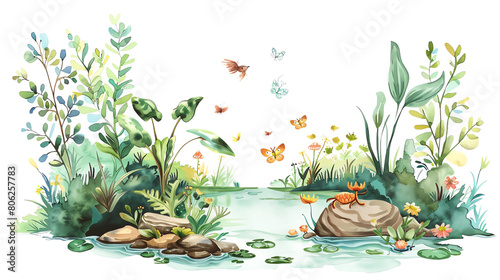 The image shows a beautiful pond with green plants and colorful fishes. photo