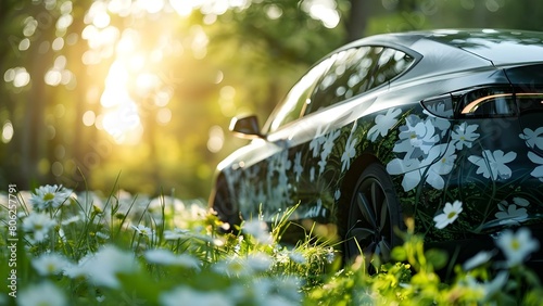 Eco-Friendly Hybrid Car with Green Drive Concept Banner Featuring Grass and Flowers. Concept Eco-Friendly Cars, Hybrid Vehicles, Green Drive Concept, Grass and Flowers, Banner Design photo