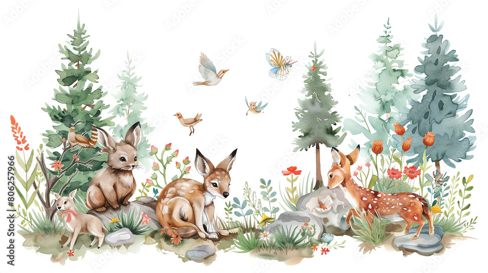 Naklejka premium The image shows a group of cute woodland animals in a forest setting