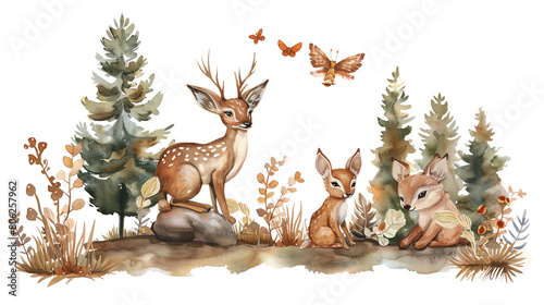 The image shows a group of animals in the forest