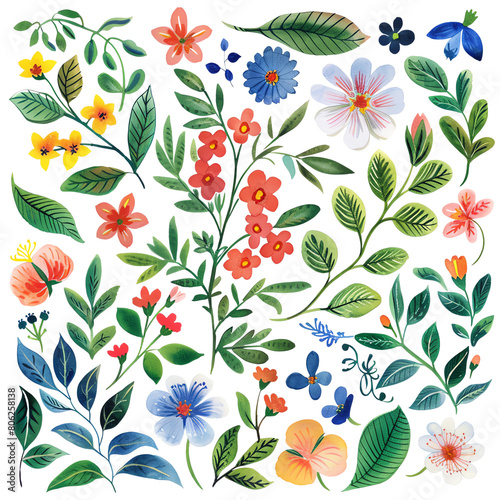 The image shows a variety of flowers and leaves, with bright colors.