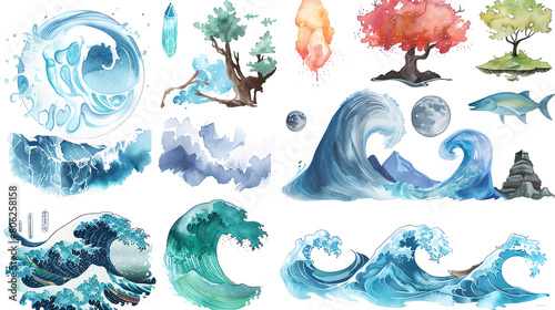 The image shows a variety of hand-drawn waves in different shades of blue and green. The waves are in various shapes and sizes.