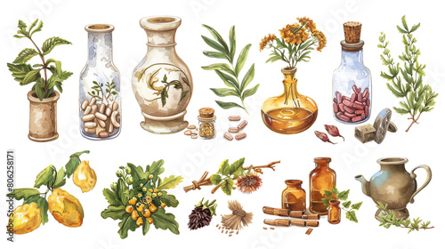 The image shows a variety of herbs and spices, along with some potions and other magical ingredients.
