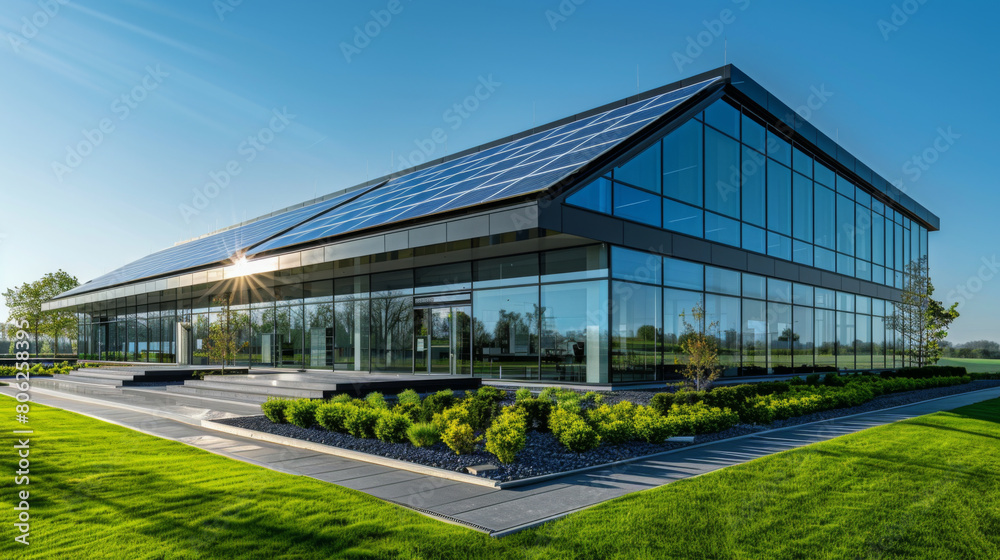 Obraz premium Sleek modern office building featuring extensive solar panels and green landscaping under a clear blue sky.