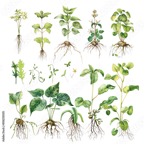The image shows different types of plants with their root systems. photo
