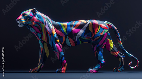 A colorful tiger is walking on a black background