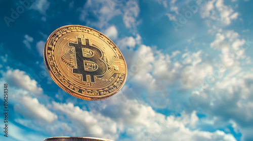 Bitcoin coin on sky background.Business finance investment. Digital technology concept