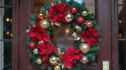 A festive holiday wreath adorned with ornaments and bows  adding seasonal charm to any space.