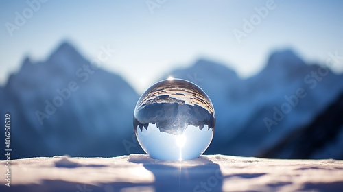 Round crystal ball shining beautifully on snowy mountains, copy space,space for text,Generic AI,雪山でキレイに輝いている丸い水晶玉、コピースペース,テキスト用スペース,Generative AI,