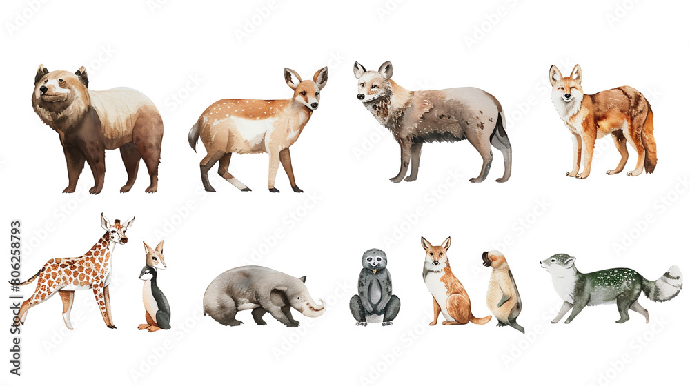 A group of animals including bears, wolves, foxes, raccoons, and a skunk.