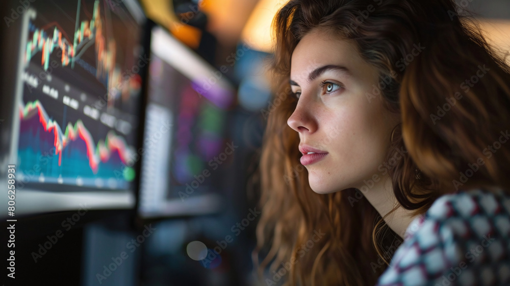 Female broker analyzing data on her computers, professional data analyst, stock market account management