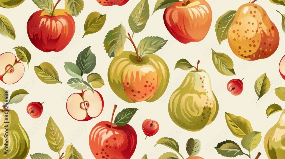 Red and green apples and pears with leaves seamless pattern. Red and green apples and pears with leaves seamless pattern.