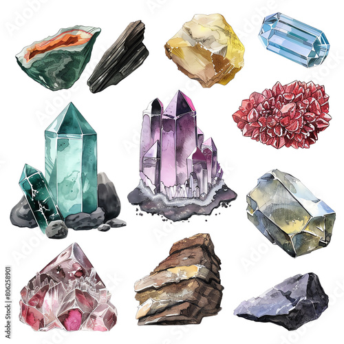 A variety of gemstones and minerals, including quartz, amethyst, and calcite. photo