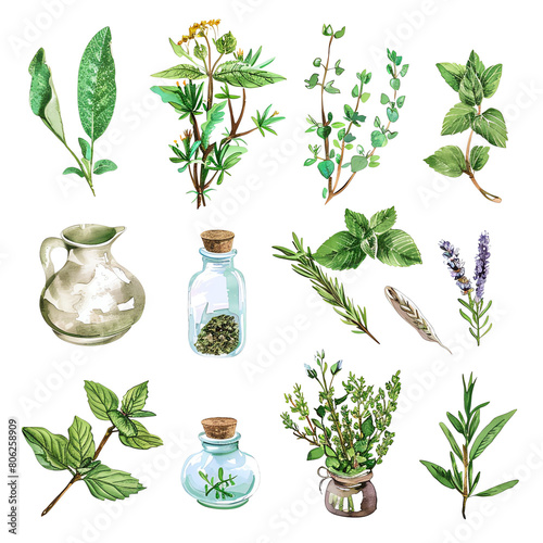 A variety of hand drawn herbs and spices. photo