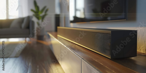 Close up sleek modern soundbar in minimal style. Music portable bluetooth speaker, audio device. © SnowElf