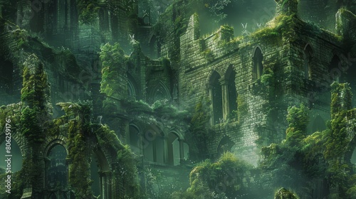 The image is a digital painting of a ruined city