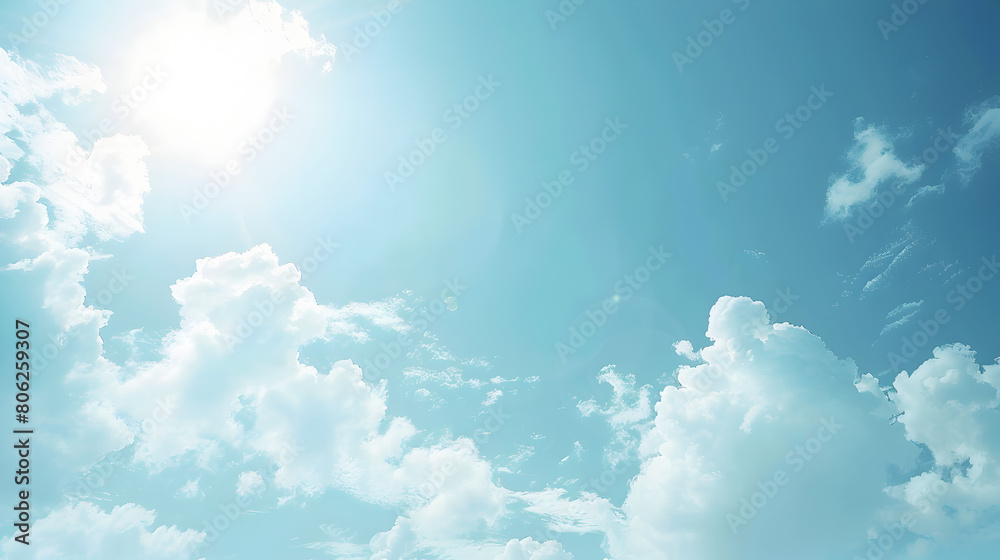 Bright blue sky with fluffy clouds and a flock of birds soaring, bathed in sunshine. Bright blue sky with fluffy clouds and a flock of birds soaring, bathed in sunshine.