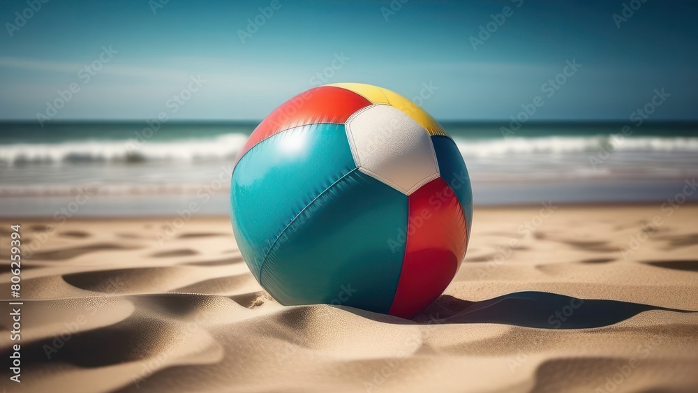 Retro vintage colorful beach ball rests on soft sand under the bright sun. summer, vacations, and outdoor activities