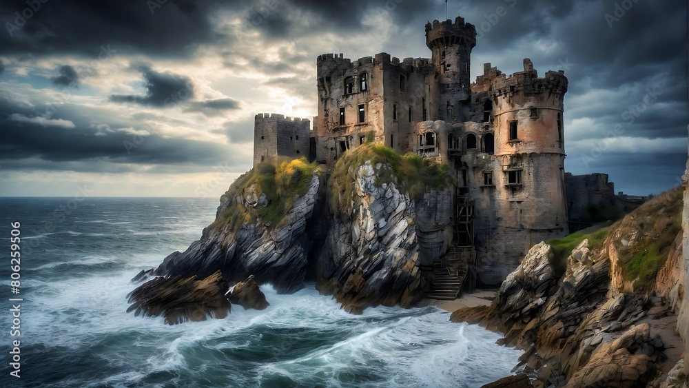 Abandoned castle in the heart of the rock by the raging sea. A decrepit castle, perched on a cliff overlooking a churning sea. Abandoned castle in the heart of the rock by the raging sea. A decrepit castle, perched on a cliff overlooking a churning sea.
