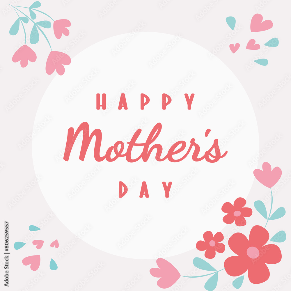 Mother's Day Greeting card with flowers, hearts and handwritten lettering text vector design template in modern simple minimalist style and elegant pink pastel colors.