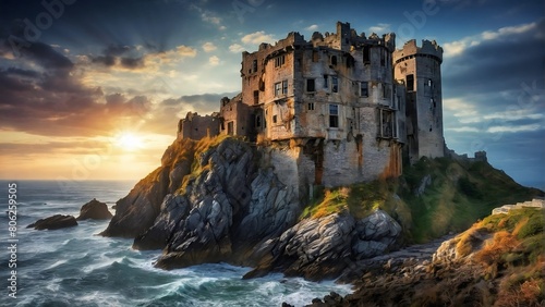 Abandoned castle in the heart of the rock by the raging sea. A decrepit castle, perched on a cliff overlooking a churning sea.