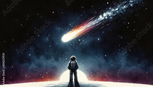 An astronaut stands on an alien world witnessing a spectacular comet streaking across a star-filled sky, perfect for STEM education and Space Exploration Day