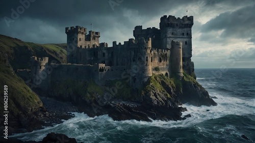 Abandoned castle in the heart of the rock by the raging sea. A decrepit castle  perched on a cliff overlooking a churning sea.