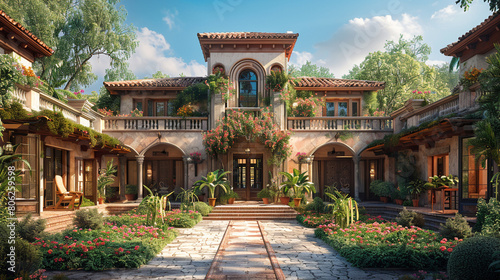 A Spanish-influenced craftsman villa with stucco walls, terracotta roof tiles, and a tranquil courtyard. photo