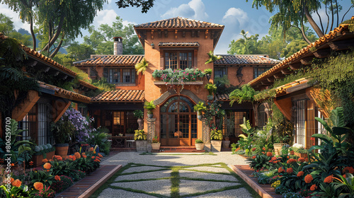 A Spanish-influenced craftsman villa with stucco walls, terracotta roof tiles, and a tranquil courtyard.