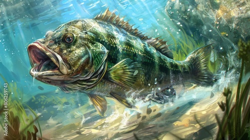 A realistic digital painting of a largemouth bass opening its mouth wide, set in a vivid underwater scene.