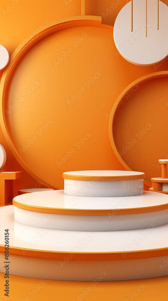 3D realistic backdrop with orange and white pedestal podium. Mockup products, banner advertising 3D realistic backdrop with orange and white pedestal podium. Mockup products, banner advertising