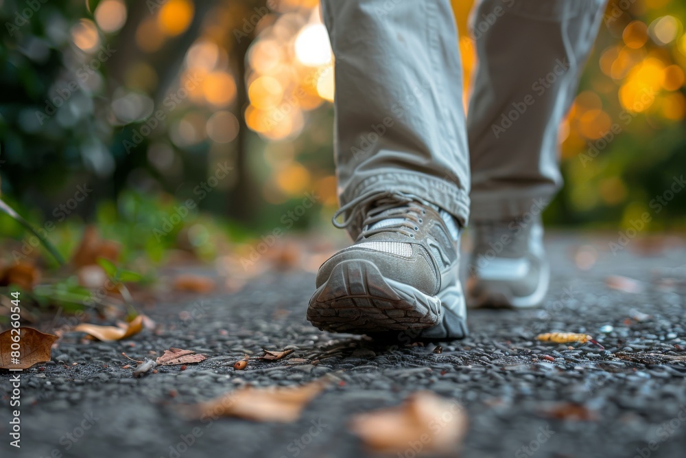 A person is walking through a forest with leaves on the ground A person is walking through a forest with leaves on the ground
