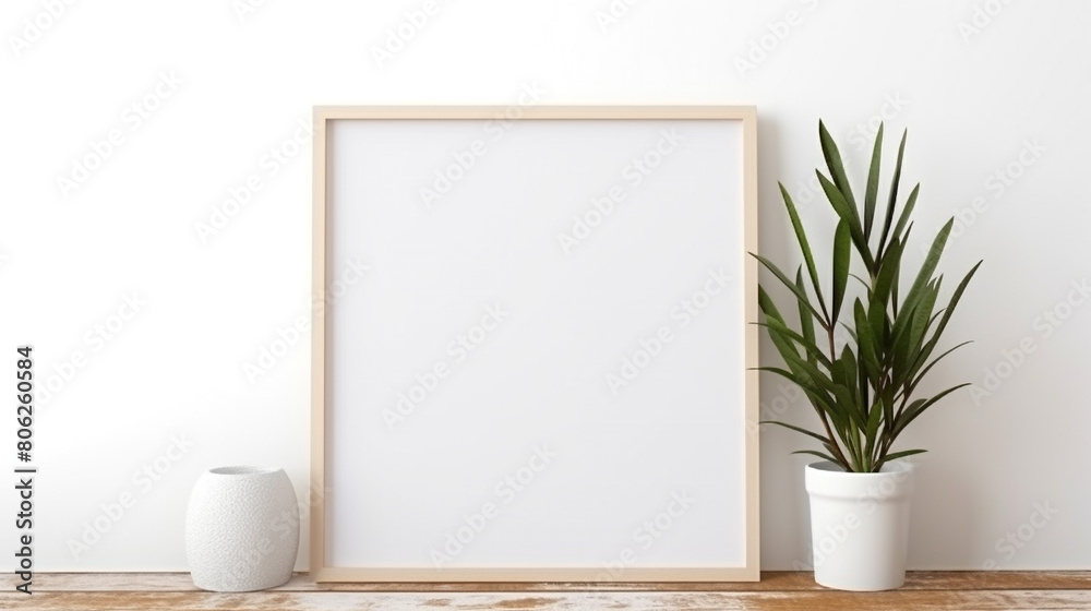 Minimalistic Modern White Wooden Interior Mock-Up with Blank Frame, generative AI Minimalistic Modern White Wooden Interior Mock-Up with Blank Frame, generative AI