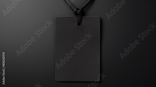 
Blank badge mockup isolated on black. Plain empty name tag mock up hanging on neck with string. Name Tag, Corporate design, generative AI