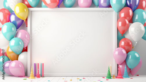 birthday frame mock up with party balloons, colourful balloons background and birthday cake with candles, generative AI