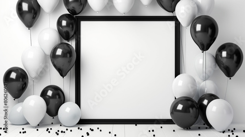 Advertising mock-up with black and white gifts and balloons. Black frame with copy space, generative AI