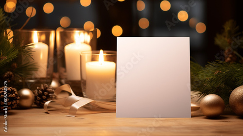 A mockup featuring an empty Christmas card on a table decorated with greenery, candles, and ornaments, ideal for displaying holiday greeting card, generative AI