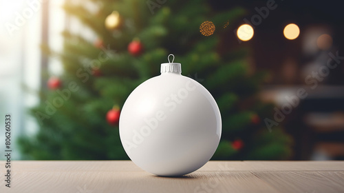 white round ceramic Christmas ornament. Festive decoration for mockup. Blurred green tree in the background, generative AI