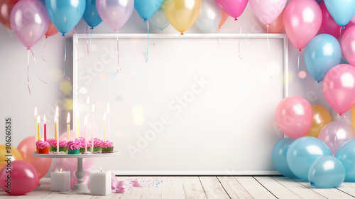 birthday frame mock up with party balloons, colourful balloons background and birthday cake with candles, generative AI