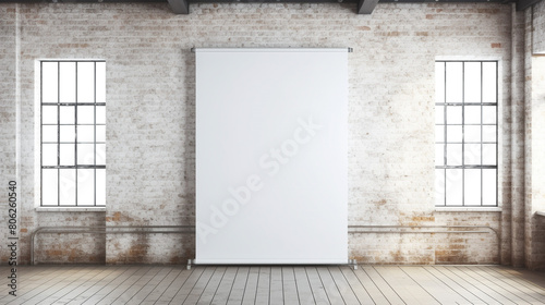 blank roll up banner display stands loft interior. Roll up blank white banner, generative AI