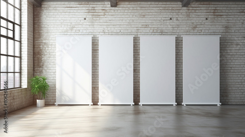 blank roll up banner display stands loft interior. Roll up blank white banner, generative AI