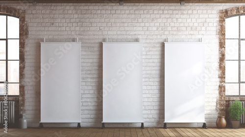 blank roll up banner display stands loft interior. Roll up blank white banner, generative AI photo
