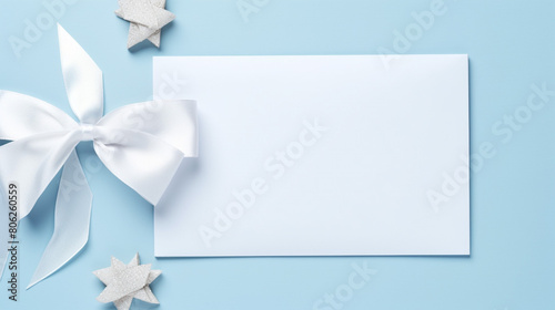 Blank white piece of paper with gift silk ribbon bow holding in women's hands isolated on flat blue light background, copy space, gift certificate template, generative AI
