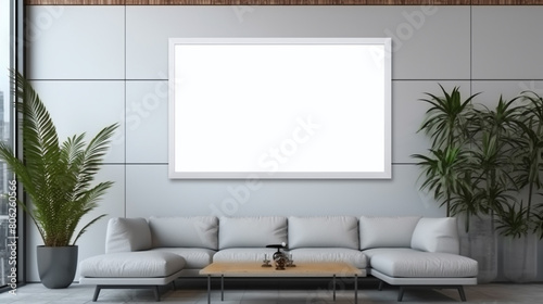 Empty advertising billboard frame on wall in office lobby copy space for mock up design template, generative AI