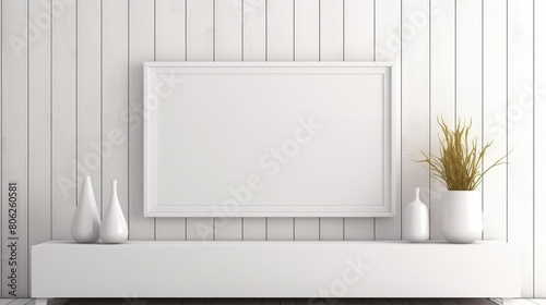 Minimalistic Modern White Wooden Interior Mock-Up with Blank Frame, generative AI