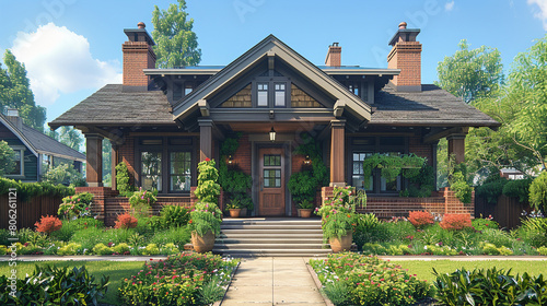 A traditional craftsman bungalow with a gabled roof, tapered columns, and a charming front yard garden. © Laraib