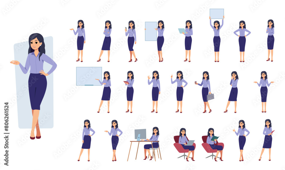 Fototapeta premium Business people poses. Office woman. Manager working at computer. Female standing at whiteboard. Professional teacher. Girl walking with briefcase. Businesswoman activities vector set