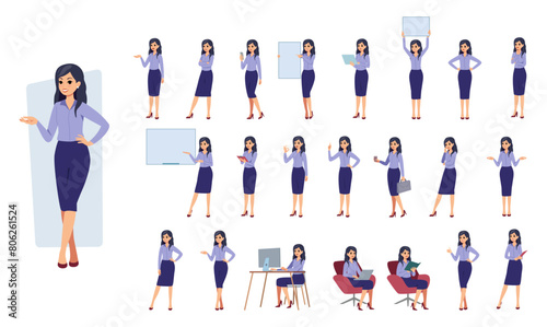 Business people poses. Office woman. Manager working at computer. Female standing at whiteboard. Professional teacher. Girl walking with briefcase. Businesswoman activities vector set