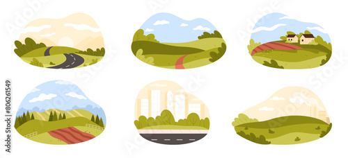 City and summer village landscapes set. Urban scenes with modern buildings at highway, factory chimneys and green meadow, road through hills, arable fields and forest cartoon vector illustration