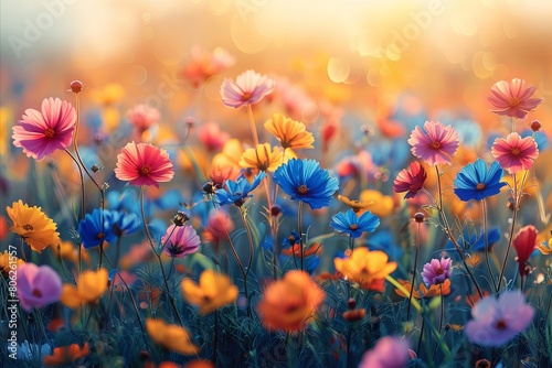 Colorful flowers in a field with sun rays.